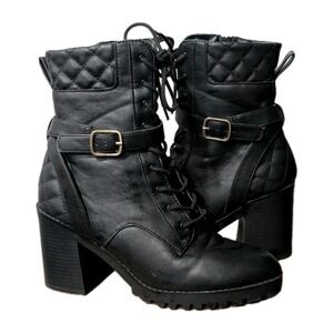 Express Black Mid-Ankle Lug Combat Boots quilted leather, buckle detail Size 10